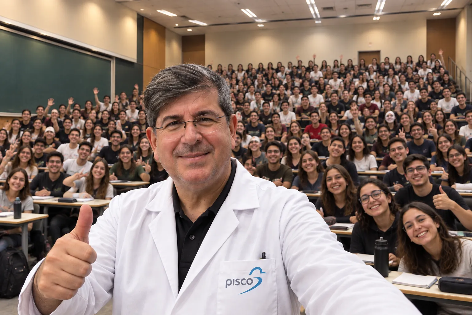 Prof. Anselmo Pisco, de jaleco, fazendo sinal de positivo diante de um auditório cheio de alunos