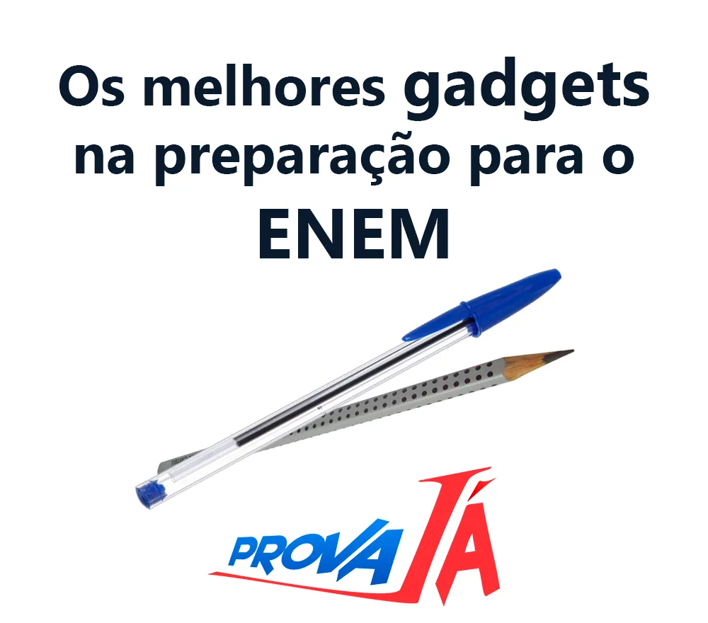 Caneta esferográfica e lápis com a frase “Os melhores gadgets na preparação para o ENEM”