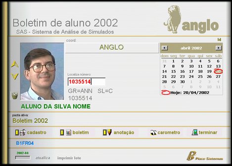 Tela do programa Boletim de aluno 2002 do S.A.S., com a foto do Prof. Pisco como aluno de teste