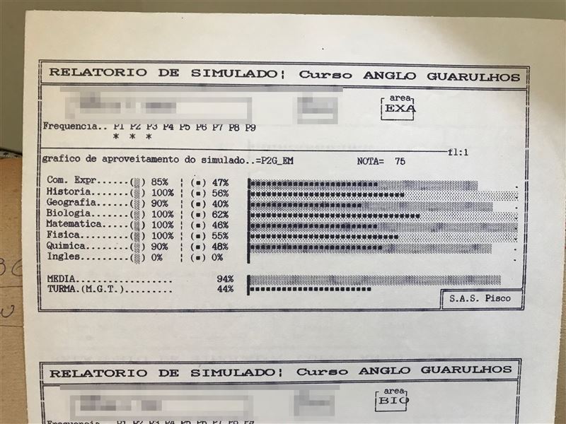 Boletim de simulado com os percentuais do aluno e da turma por matéria e a frequência nos simulados