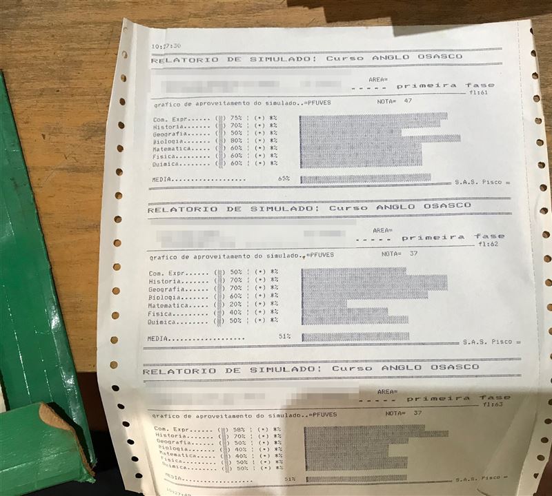 Boletins de simulado impressos em formulário contínuo, com barras de aproveitamento por matéria e o rodapé S.A.S. Pisco
