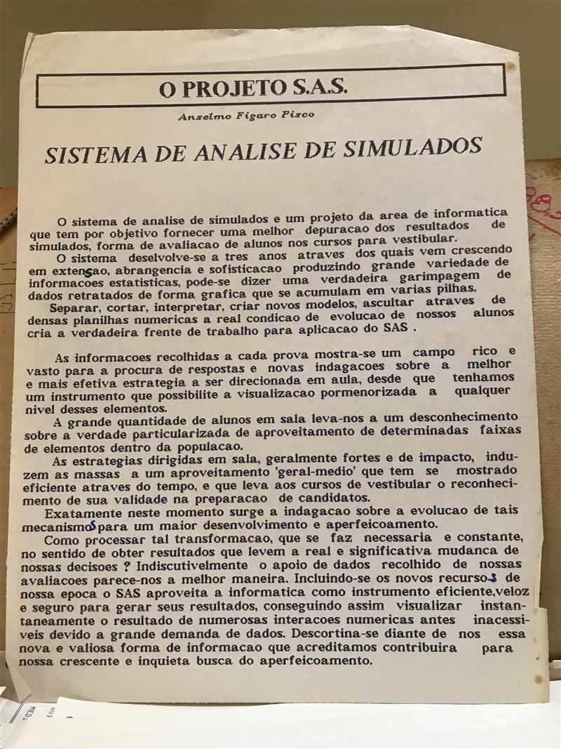 Folha impressa com o título O Projeto S.A.S., Sistema de Análise de Simulados, assinada por Anselmo Figaro Pisco